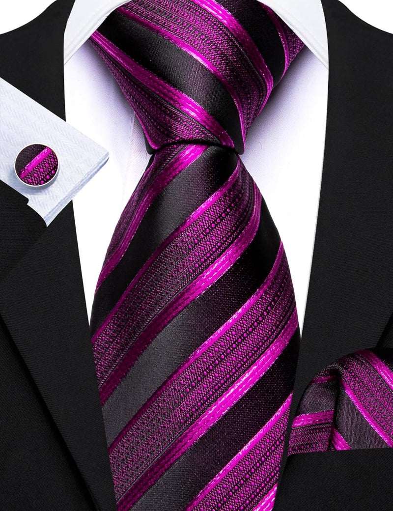Barry.Wang Store Tie Sets for Men Silk Stripe Necktie Woven Checkered Handkerchief Cufflinks Formal Business Wedding - Image 2